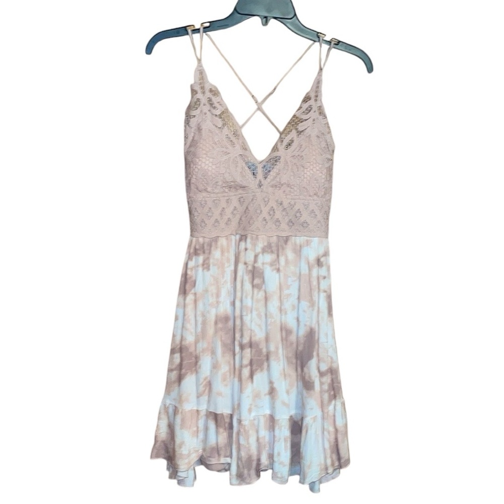 J for Justify Beige Lace Bodice Blue Taupe Tie-Dye Mini Dress